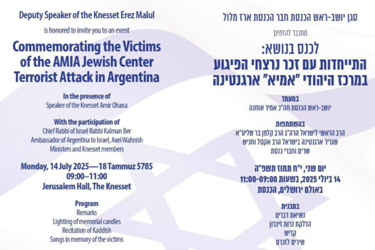 Histórico: el Parlamento israelí homenajeará a víctimas de la AMIA