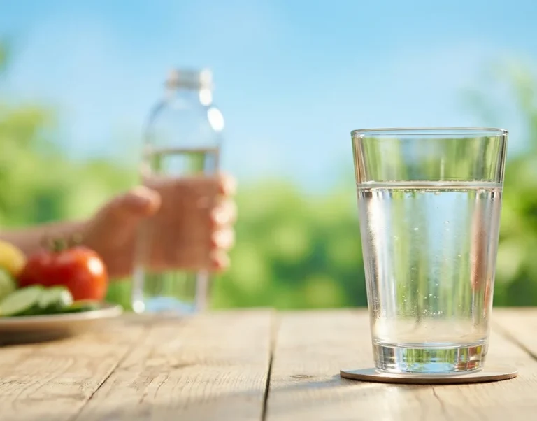 Persona tomando un vaso de agua, símbolo de hidratación y salud.