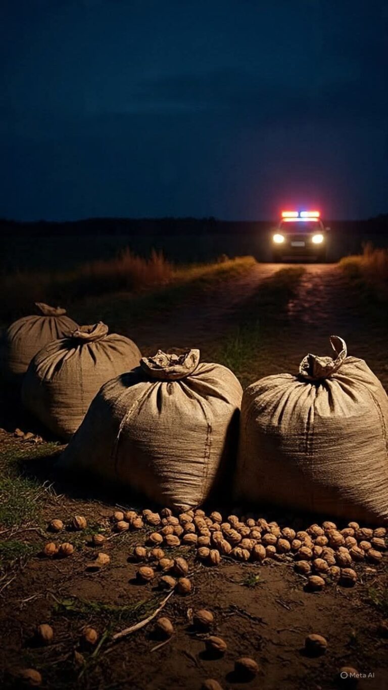 Camioneta Toyota Hilux gris cargada con bolsas de nueces en una ruta rural de La Rioja