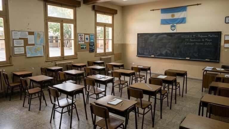 Ilustración de una fachada de escuela con un símbolo de justicia superpuesto