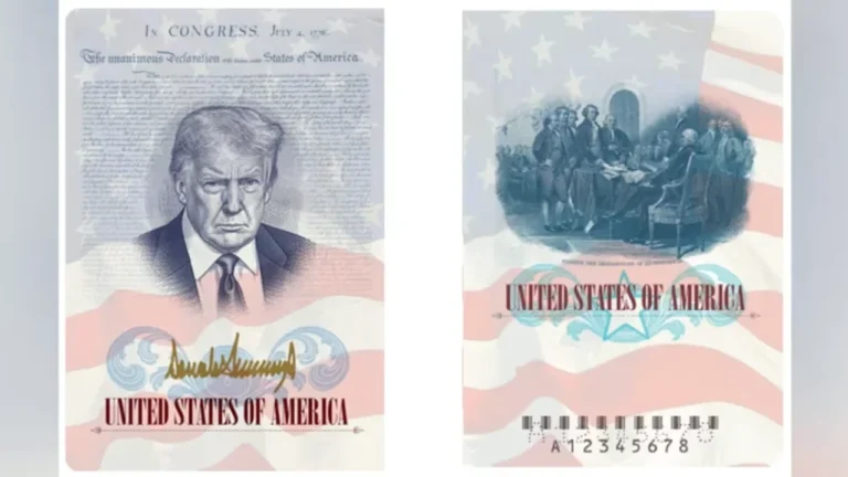 Boceto del pasaporte especial de EE.UU. con la imagen de Donald Trump y su firma en dorado