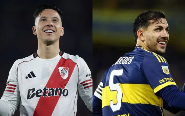 Los escudos de River Plate y Boca Juniors enfrentados, previo al Superclásico en el Monumental.