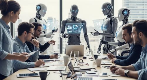 Persona usando computadora con íconos de inteligencia artificial y gráficos laborales