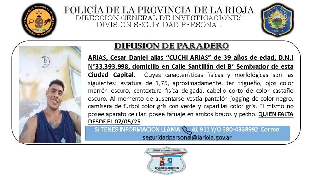 Fotografía de Arias, conocido como Cuchi Arias, desaparecido en La Rioja