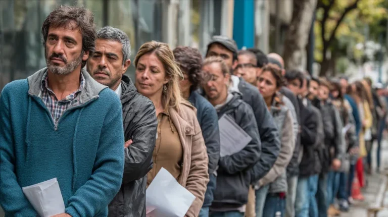 Fila de personas buscando trabajo en el frigorífico Don Theo en Moreno